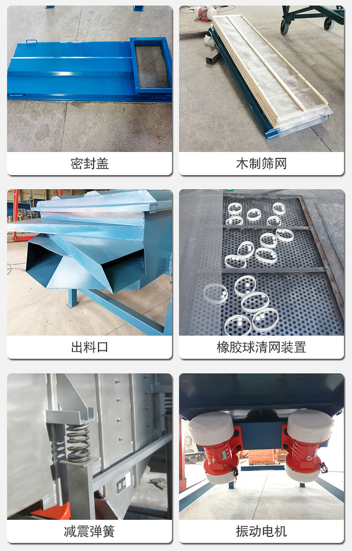 直線篩結(jié)構(gòu)展示：篩網(wǎng)，篩箱，振動(dòng)電機(jī)，振動(dòng)電機(jī)座，減震彈簧，支架等部件展示圖
