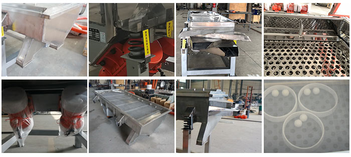 不銹鋼直線篩不同定制出料口，電機，篩網(wǎng)，篩箱，彈跳球等部件細節(jié)展示