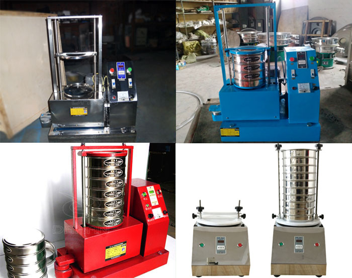 三種不同類型的試驗篩，區別控制臺在下部或在右側。材質為不銹鋼和碳鋼兩種，碳鋼材質做了噴漆有：紅色和藍色兩種。
