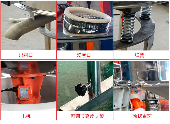 高頻篩細節展示：出料口，觀察口，彈簧，電機，可調節高度支架，快拆束環。